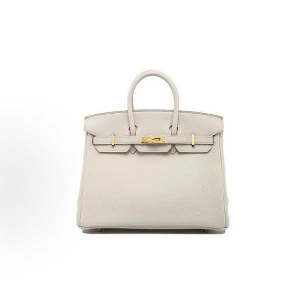 HERMES Birkin 25 Gold buckle platinum handbag for women, 8L Beton Glacier White